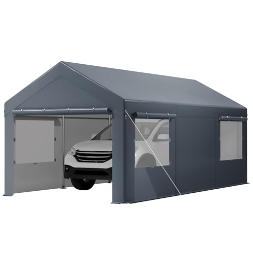 10x20FT Heavy Duty Carport, Portable Garage with Sidewalls, Doors and Ventilated Windows, UV Resistant and Waterproof, Carports 10x20 Heavy Duty for Car, Bike, Boat, Party (Gray)