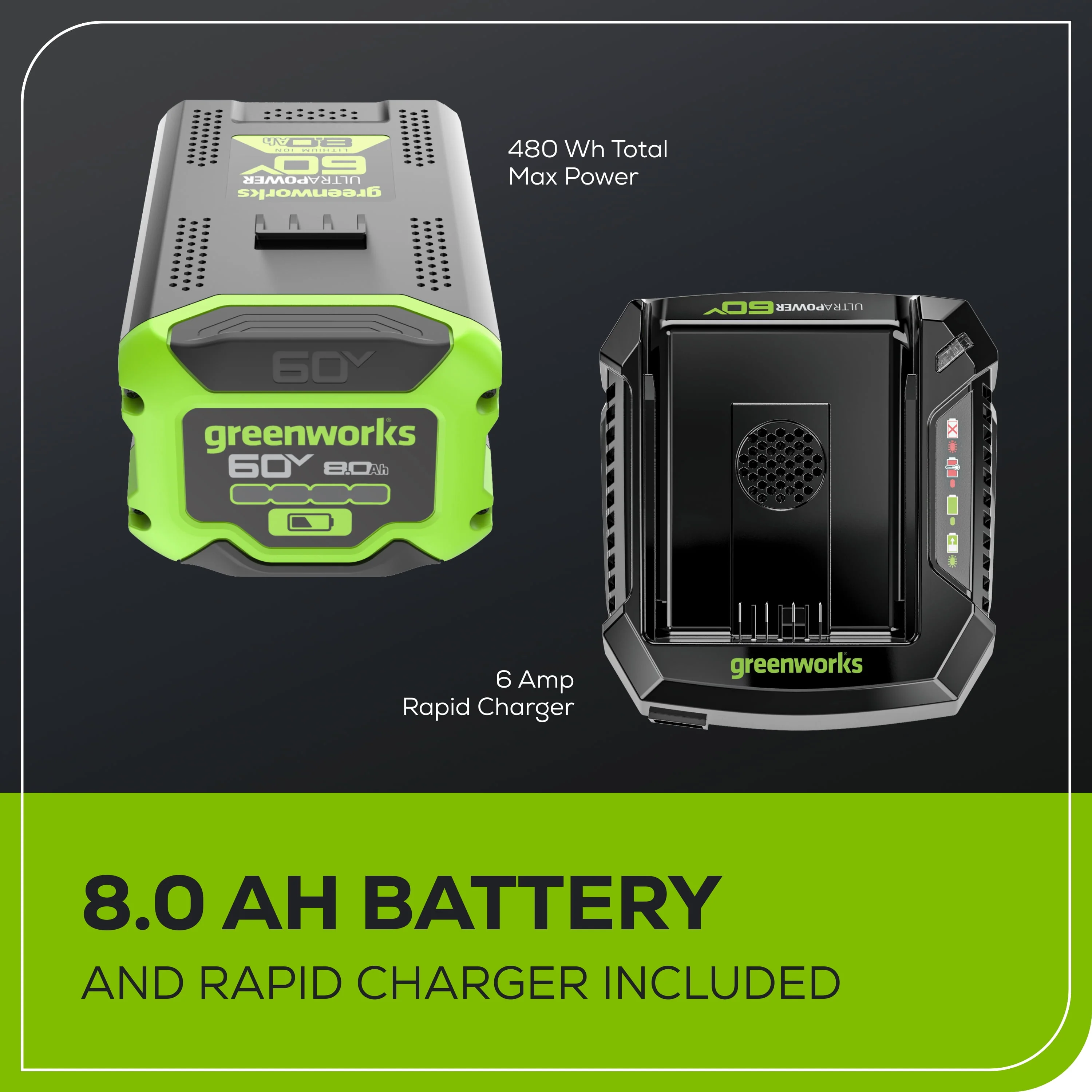 Greenworks 60V 21 Self Propelled Lawn Mower with 8.0 Ah Battery & Rapid Charger 2546402