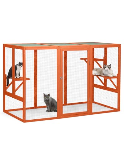 Catio Outdoor Cat Enclosure,71" L Outside Cat House Weatherproof, Wooden Large Catios for Cats Patio, Cat Houses with 3 Platforms,Grey