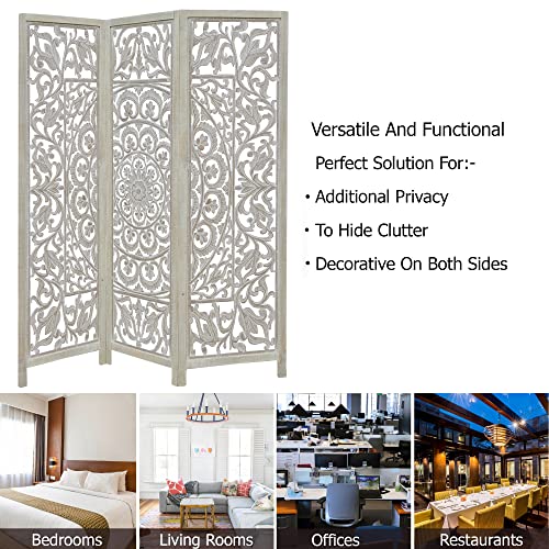 Room Divider Wood Screen - Ghanti Bells Antique Brown - 4 Panel Folding 72 x 80 - Assembled Hand Carved Decorative Functional Versatile Portable Partition Reversible Privacy Boho - COTTON CRAFT