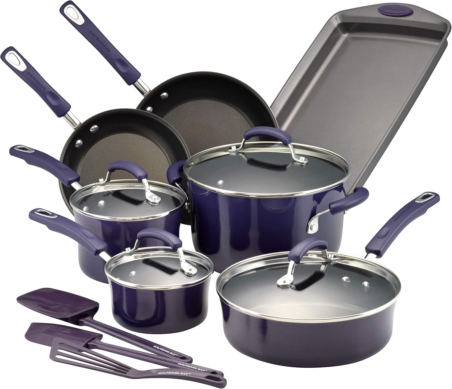 Rachael Ray Brights Nonstick Cookware Pots and Pans Set, 14 Piece, Purple Gradient