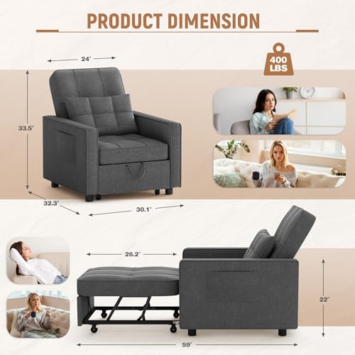 Flamaker Sofa Bed, Sleeper Sofa 3-in-1, Adjustable Couch Bed with Modern Linen Fabric, Convertible Sleeper Chair for Living Room, Apartment and Small Space (Dark Grey)