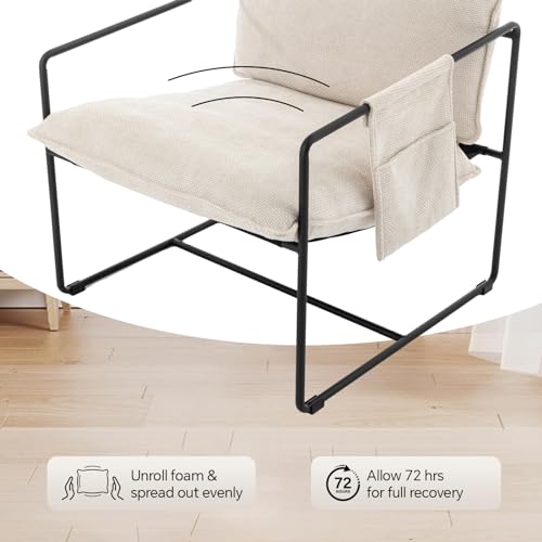 Sling Accent Chair Set of 2 Mid Century Modern Accent Chair with Metal Frame,Upholstered Reading Armchair with Side Pocket for Living Room,Bedroom (Beige)