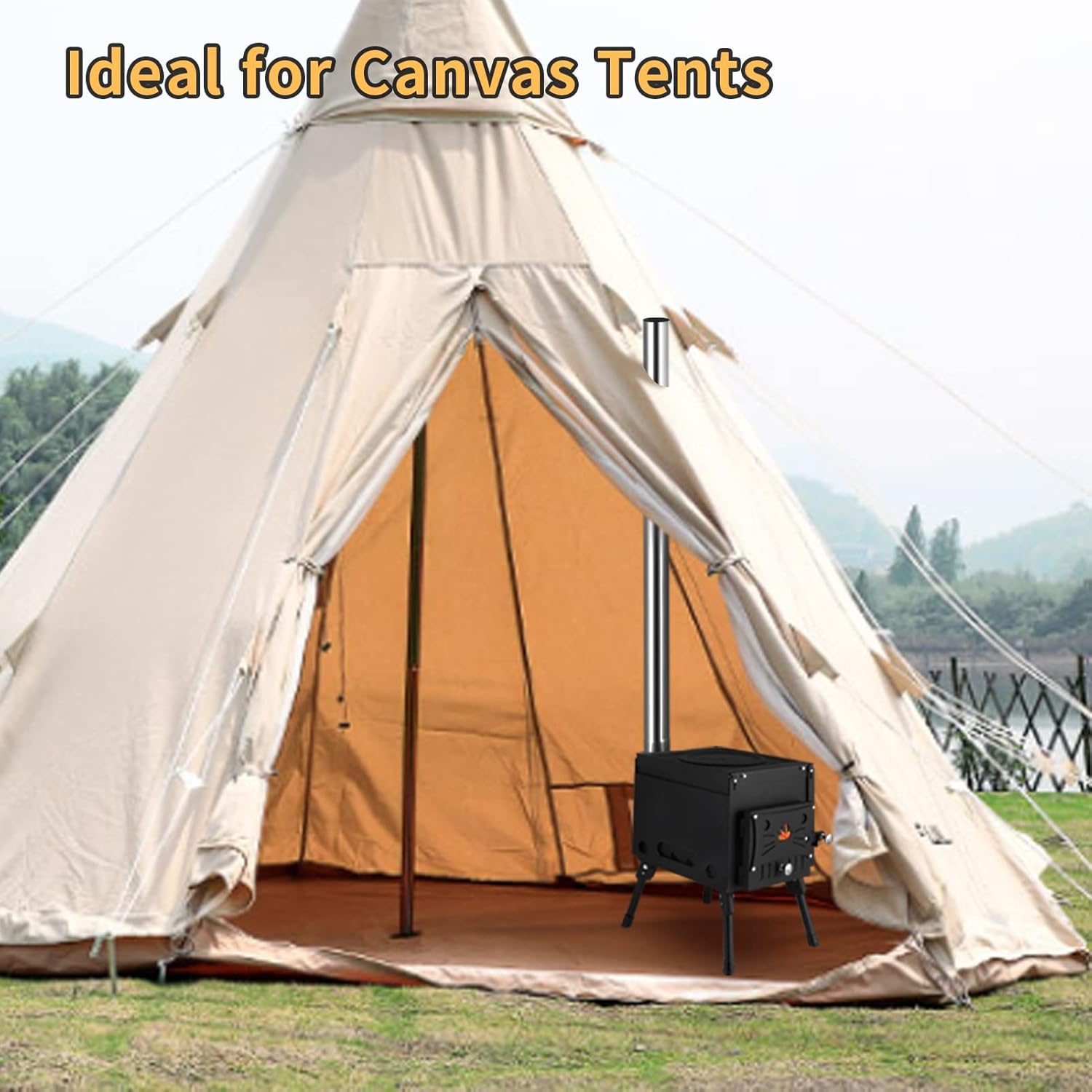 Portable Wood Burning Stove, Hot Tent Stove with Chimney Pipe, Outdoor Camping Wood Stove for Tent, Shelter, Heating and Cooking