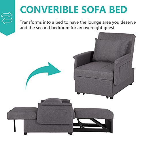 Sleeper Chair, 3 in 1 Chair Bed Sleeper for Adults, Pull Out Sleeper Sofa Convertible Single Lounge Chair with Pillow, Side Pockets for Living Room Small Space (Black)