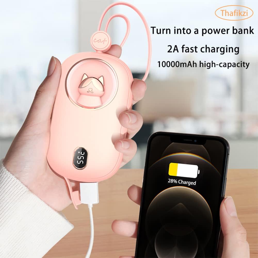 10000mAh Portable Power Bank Hand Warmer Rechargeable Hand Warming Power Bank 3 Heat Levels Double-Sided Heating with Digital Display Heater Quick Charge Mobile Power Colored Lights 3 in 1 (Pink)