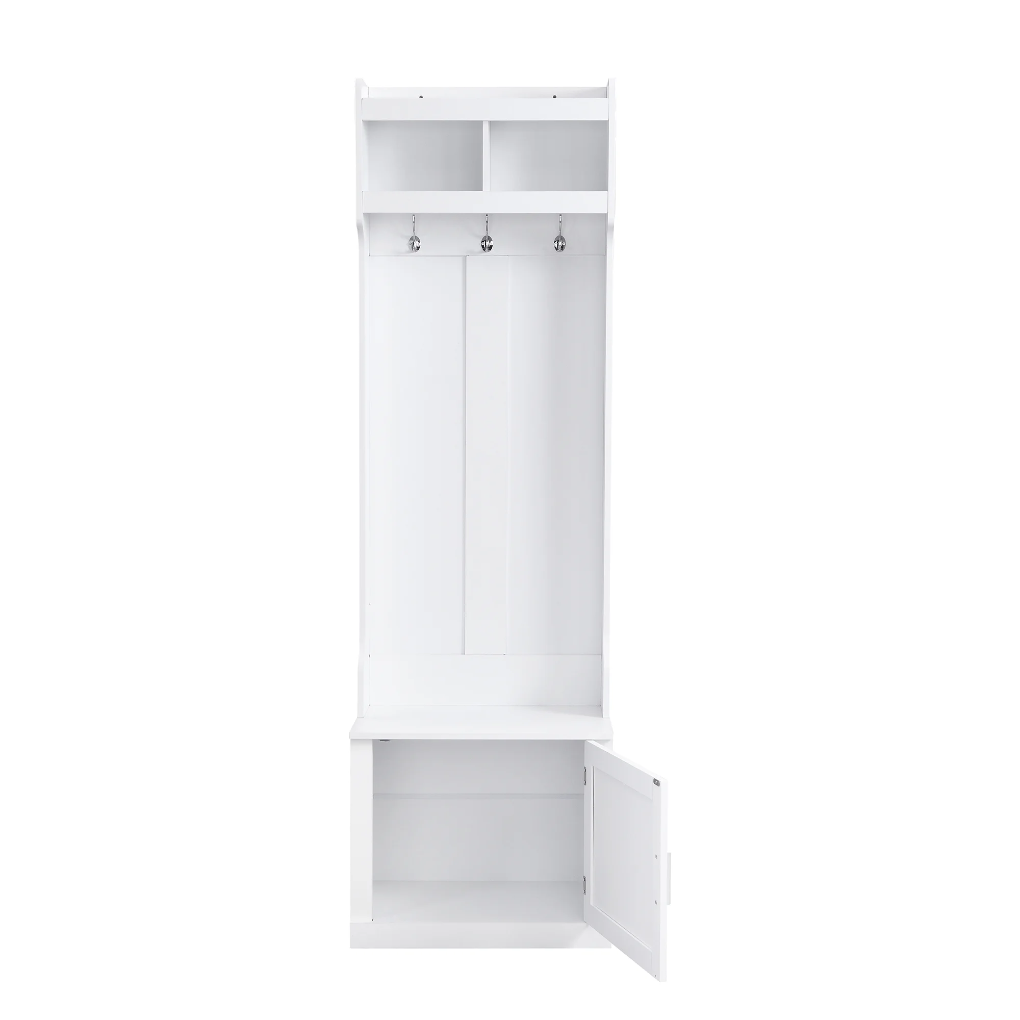 CoSoTower Minimalist Slim Hall Tree with Cabinet & 6 Hanging Hooks, Multi-Functional Storage Bench with Coat Rack, Elegant Foyer Cabinet for Hallway, Living Room, White