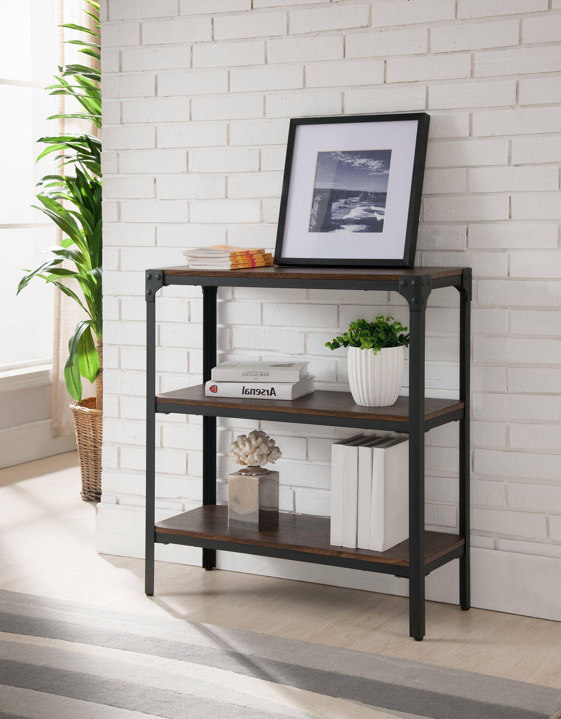 Metal Wood Antique Walnut 2 Tier Shelf Storage Bookcase Organizer