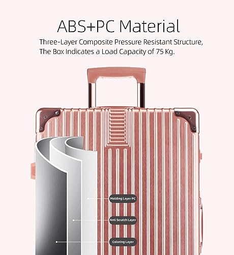 Aluminum Frame Hardside Luggage with Spinner Wheels and TSA Lock, 8 Spinner Wheels Luggage Lightweight Carry On Suitcase, Rolling Luggage Carry on for Travel/business (26 inch, Rose Gold+White)