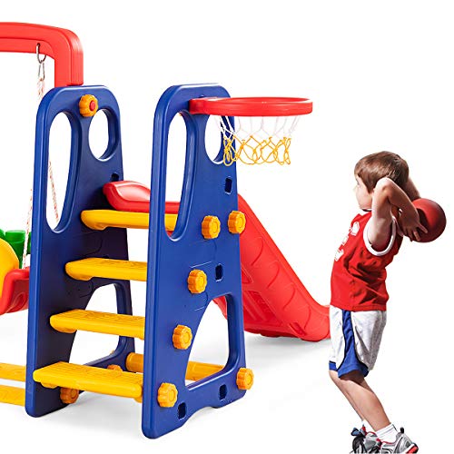 Costzon Toddler Long Slide Set, 3-in-1 Large Climber Playset w/Basketball Hoop, Stairs, Thickened Panel, Playground Swing for Indoor Outdoor Backyard 3-10 Gifts Presents