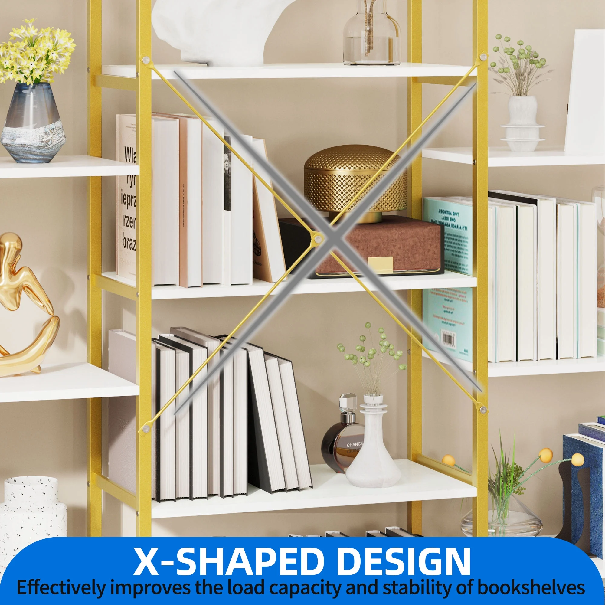 Dextrus 5-Tier Gold and White Bookshelf, Triple Wide Arched Open Display Shelf, Large Storage Bookcase, Tall Display Shelf with Metal Frame, White Gold