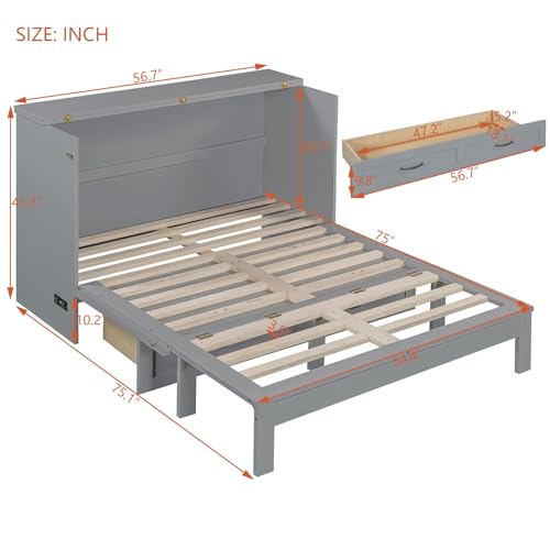Full Size Murphy Bed Cabinet, Solid Wood Murphy Bed with Charging Station and Large Storage Drawer, Wall Mounted Foldable Platform Bed, Space Saving for Guest Room, Office, Gray