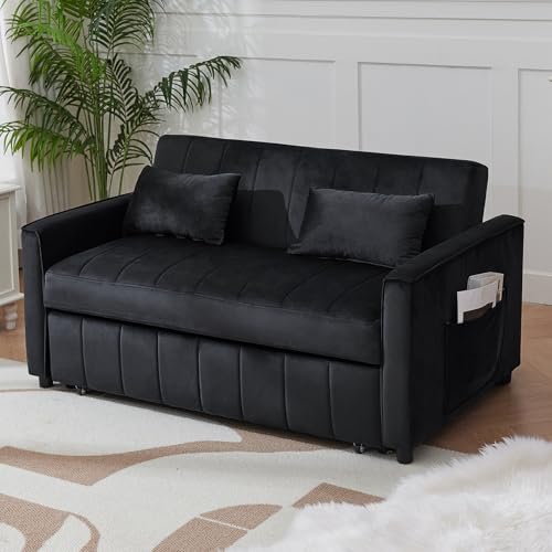 Convertible Sleeper Sofa Bed, 55.51" Modern Velvet 3-in-1 Futon Couch, Pullout Bed with Adjustable Backrest, Storage Pockets and Toss Pillows for Living Room, Bedroom (Black)
