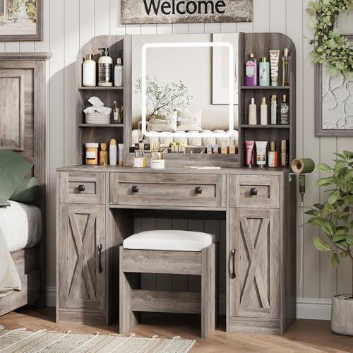 Vabches Makeup Vanity Desk, Vanity Mirror with Lights Desk and Chair,Makeup Table with 3 Large Drawers and 2 Cabinets, Time and Temperature Display, 3 LED Lighting Modes Adjustable, White