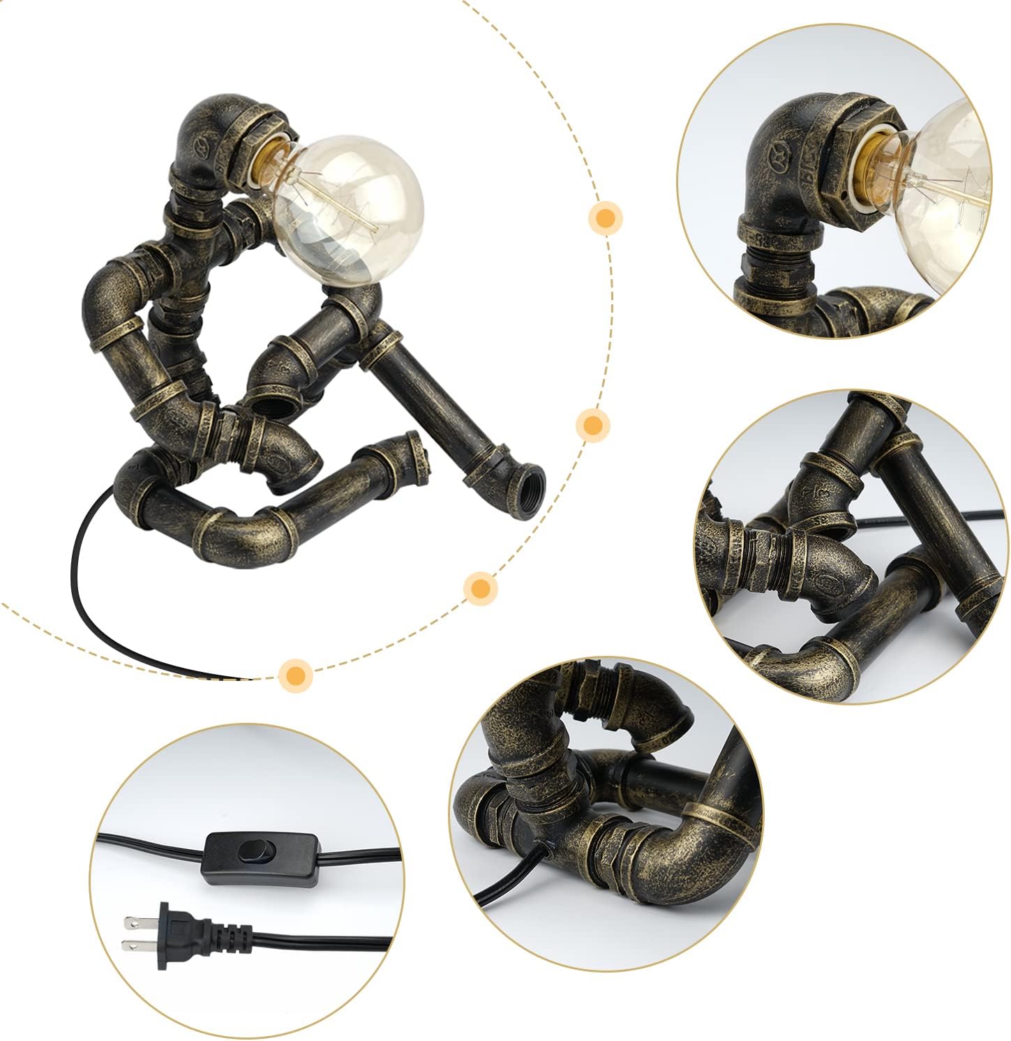 Industrial Robot Lamp Steampunk Table Lamp, Bronze Iron Pipe lamp with Button Switch, Unique Design Retro Decoration Collection for Bedroom Nightstand Bathroom Restaurant Cafe Bar