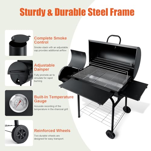Leonyo Charcoal Grill with Smoker, BBQ Charcoal Grill and Offset Smoker, Large Barrel Grill with Grill Cover, 811 Square Inches, Griddle Accessories kit of 21, Outdoor Camping, Backyard, Patio Parties