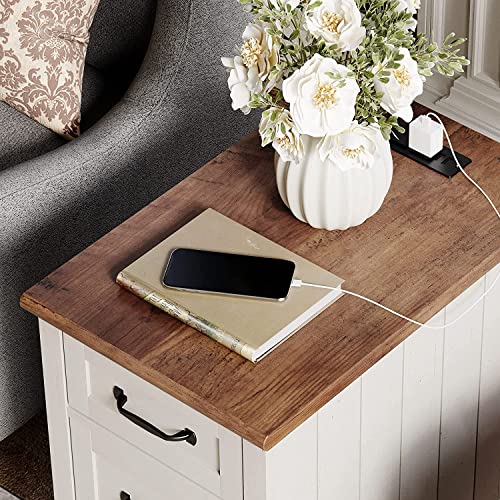 WAMPAT 2 Pack Modern End Table with Charging Station, Side Table with Storage Cabinet for Living Room, Nightstand with Drawer for Bedroom, White/Oak
