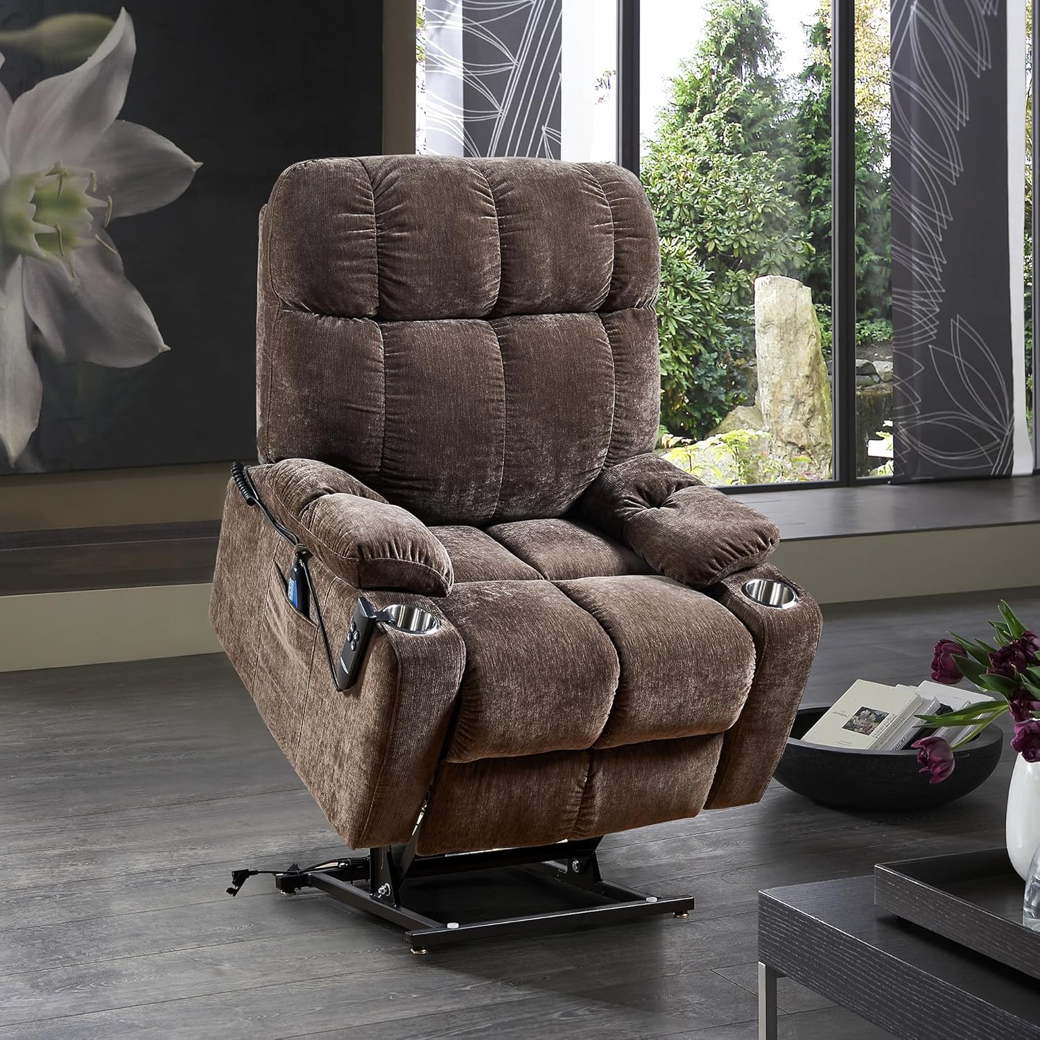 Brown Dual OKIN Motor Power Lift Recliner Chair for Elderly, Infinite Position Lay Flat 180°, Heat Massage, Easy Stand Up-Comfort & Support, 36.2“L x 37”W x 42“H