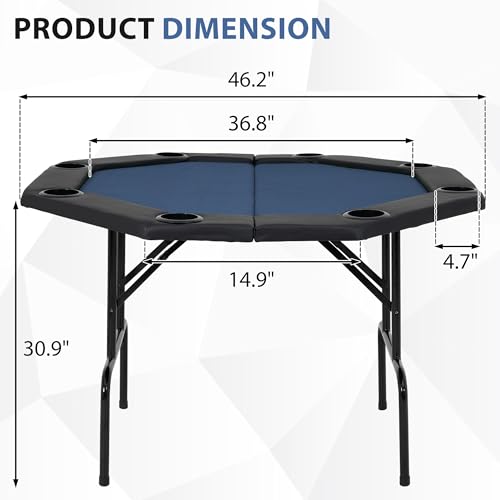 Poker Table Foldable with Double Top, 8 Player Octagonal Poker Table with Chips, Cup Holder, Casino Texas Holdem Table, Felt Blue