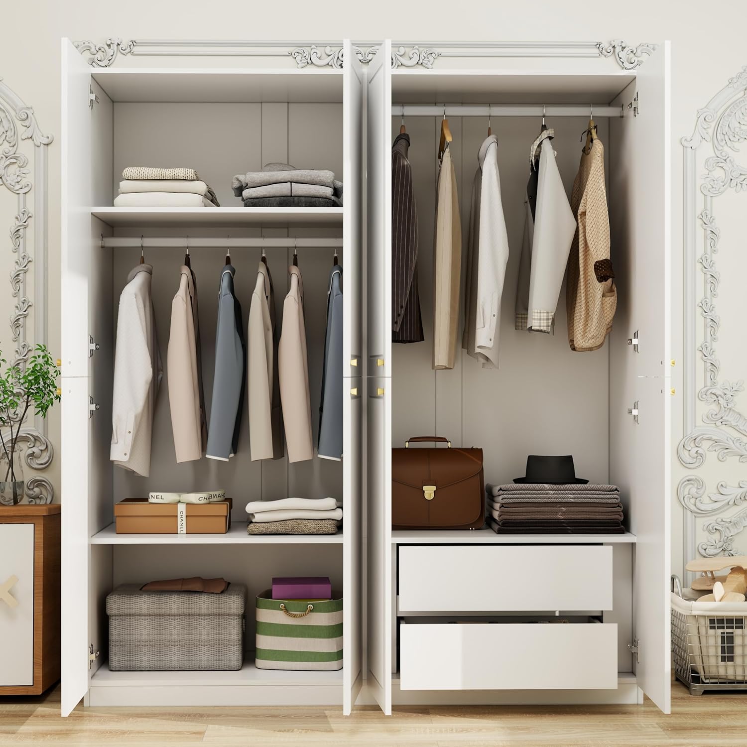 4 Door European Modern Wardrobe, Wood White Armoires with 2 Storage Drawers, Bedroom Armoires Clothes Storage Cabinet with Clothing Rods and Shelves, Bedroom Furniture Wardrobe Armoires
