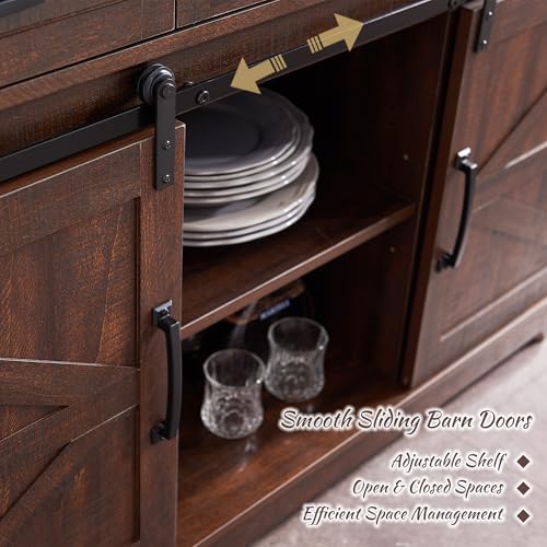 Farmhouse Buffet Cabinet with Storage, 53" Coffee Bar Cabinet w/Sliding Barn Door, Rustic Sideboard Buffet Cabinet with 3 Drawers for Dinning Room, Kitchen, Hallway, Living Room (White)