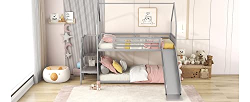 Twin Over Twin Bunk Bed with Slide, Metal Bunk Bed with Storage Staircase and House Roof, Twin Size Low Bunk Bed Frame for Kids Teens Boys Girls, Space Saving, No Box Spring Needed, Sliver