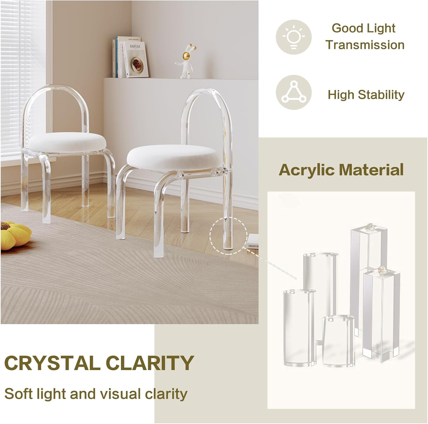 Acrylic Transparent Modern Chair Transparent Fluid Style, Bedroom Makeup Chair, Casual Light Luxury Dining Chair, Weight Capacity 330Lb Clear