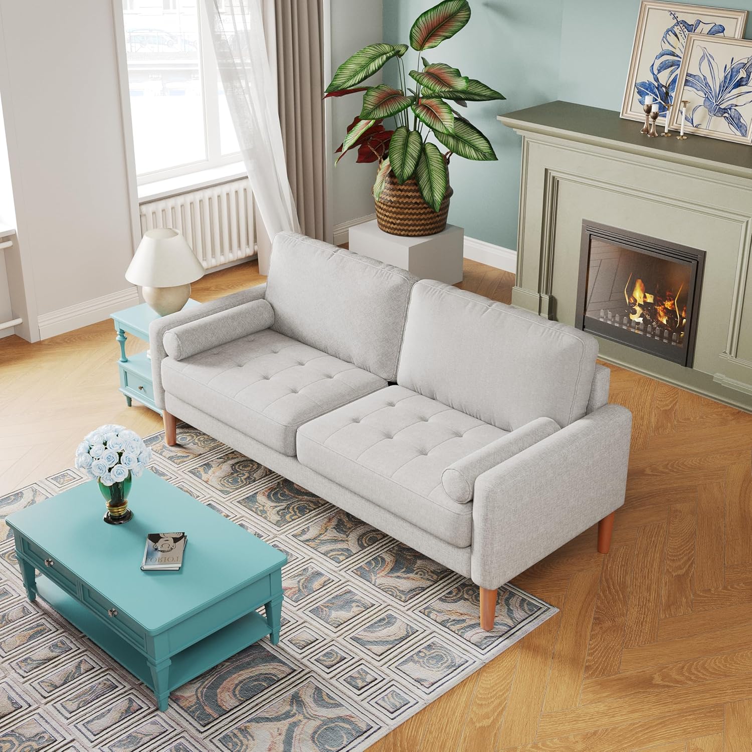 Modern Upholstered Linen Comfy Loveseat: 68" Mid Century 2 Seater Couch - Button Tufted Seat Cushion Sofa with 2 Bolster Pillows - Small Couches for Living Room Apartment Office Bedroom (Beige)