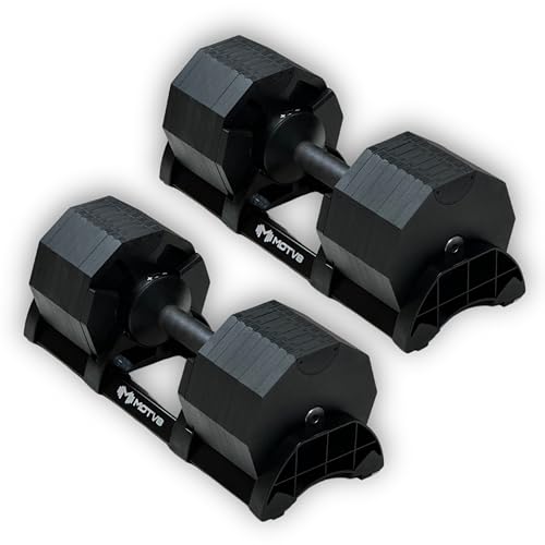 Decabell 580 Adjustable Dumbbells - Motv8 Decabells, 5lbs - 80lbs adjustable free weight dumbells for men and women - strength training and fitness (Pair)