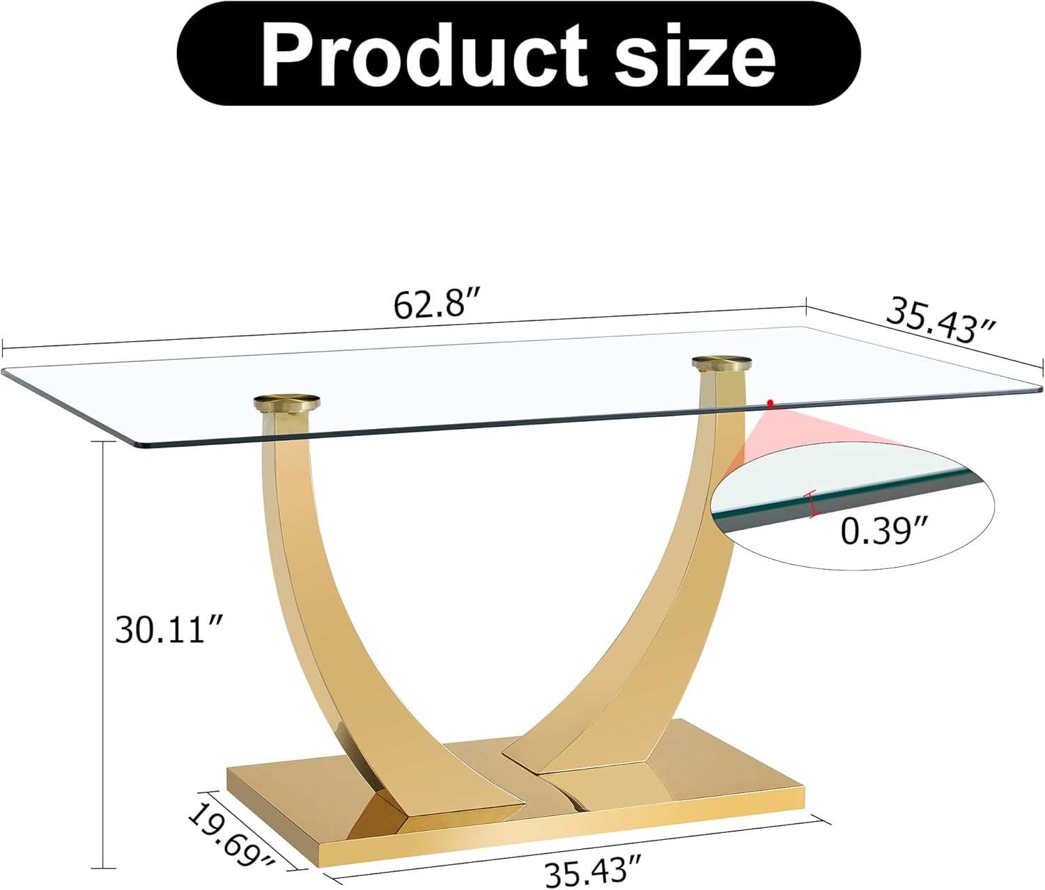 HomVent Contemporary Glass Top Rectangular Kitchen Dining Table, 0.39" Clear Tempered Glass Top Kitchen Table with Stainless Steel Base, Home Office Kitchen Dining Room Table Furniture(C, Gold Base)