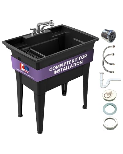 Standing Utility Sink with 1-Handle Pull-Down Gooseneck Faucet – 32” Utility Sinks for Laundry Room, Garage, Garden, Basement – Noah William Home Indoor and Outdoor Basement Wash Tub (Black)