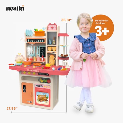 Kids' Play Kitchen Set, 27.95 x 11.22 x 36.81 Inch, 65-Piece Toy Kitchen Playset with Functional Faucet, Realistic Steam Effects, Lights and Sounds, and Other Kitchen Accessories (Blue)