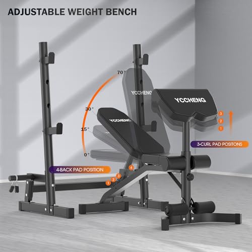 Muti-functional Adjustable Weight Bench/Workout Bench with Barbell Rack Set for Home Gym, Upright Incline Flat Exercise Benches with Preacher Pad