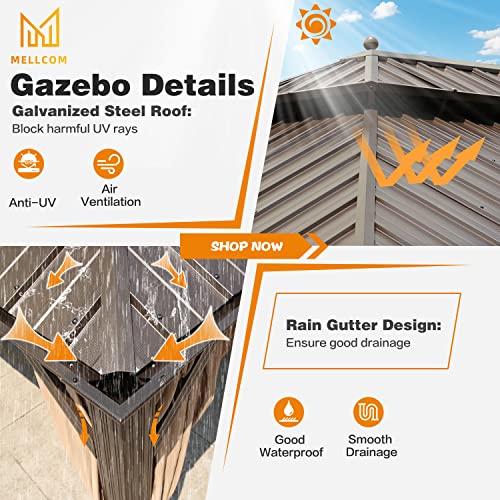 MELLCOM 12'x16' Hardtop Gazebo, Galvanized Steel Metal Double Roof Canopy with Curtains and Netting, Brown Permanent Pavilion Gazebos with Aluminum Frame for Garden, Patio, Lawns, Deck