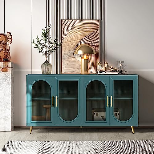 60'' Modern 4-doors Wood Storage Sideboard Buffet Cabinet Console Gold Metal Legs Handle Adjustable Shelves Entryway Accent Credenza Table for Kitchen Dining Room Living Room Hallway (Navy Blue)