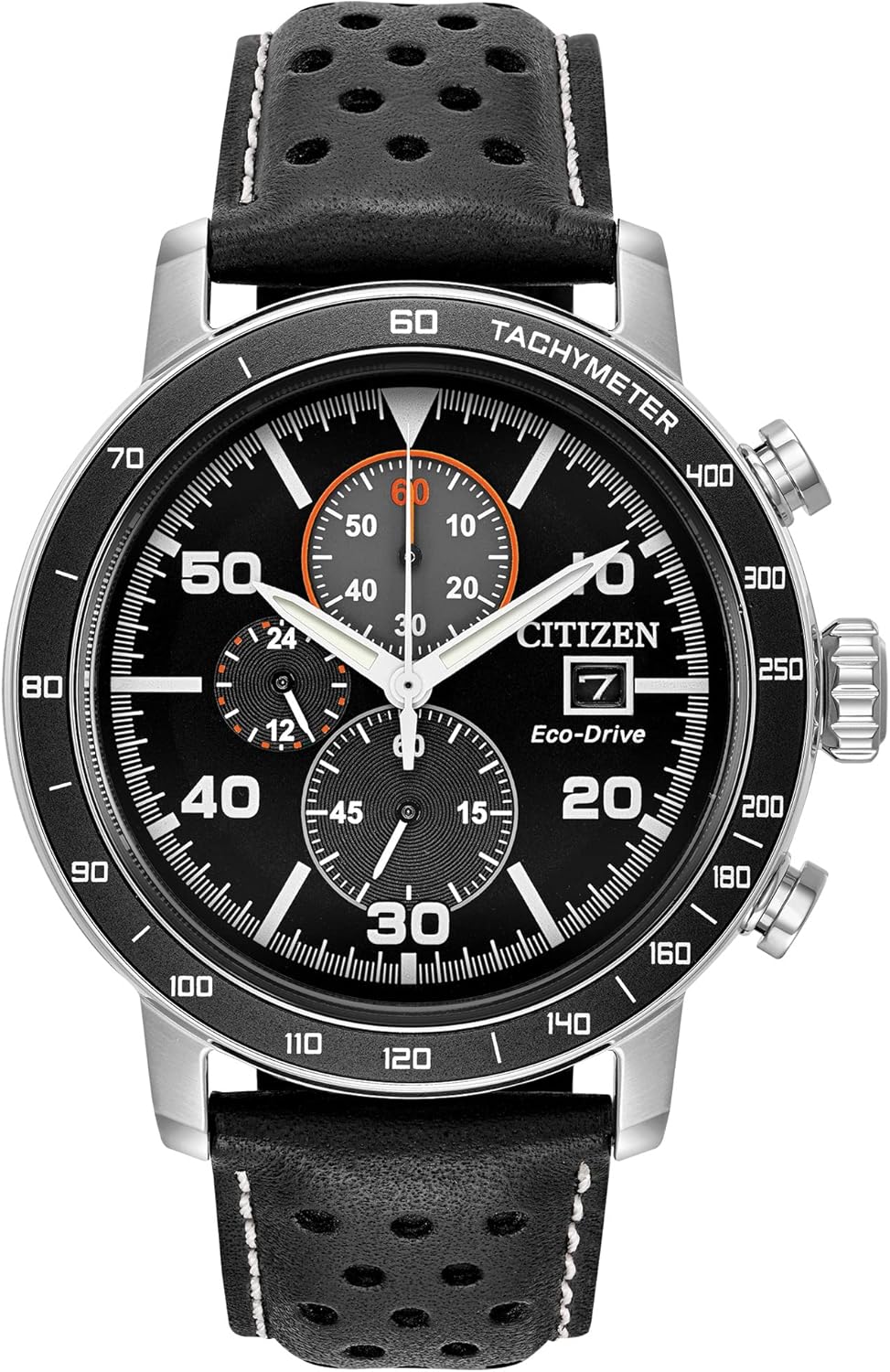 Citizen Men's Eco-Drive Weekender Brycen Chronograph Watch in Stainless Steel, Black Leather strap, Black Dial (Model: CA0649-14E)