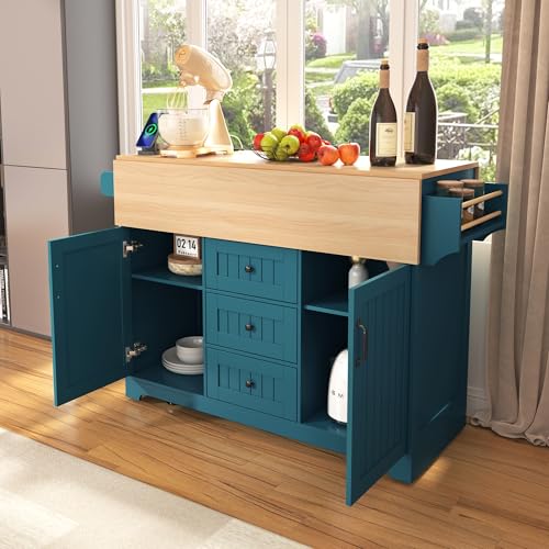 Large Kitchen Island Cart with 2 Drop Leaf, Mobile Dining Table with Storage Cabinet, Rolling Kitchen Cart with Power Outlets, 3 Drawers, Spice & Towel Rack