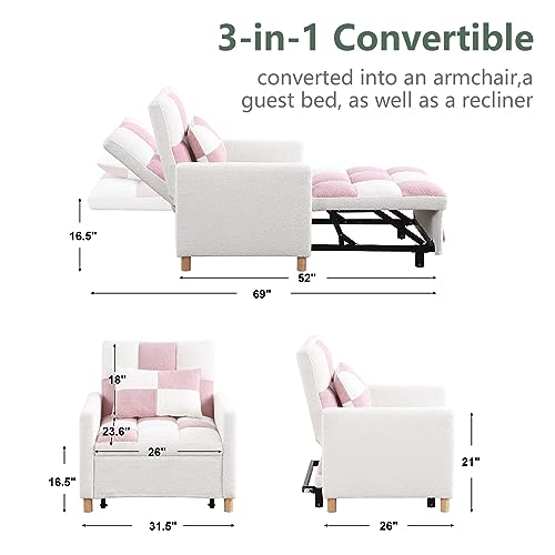 ODUWA Convertible Chair Bed,3-in-1 Sleeper Single Sofa Chair Bed with Pillow,Adjustable Backrest Recliner with Soft Velvet Fabric,Pull Out Sleeper Bed for Living Room,Dorm,Apartment,Bedroom or Office