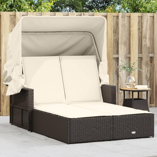 Double Sun Lounger with Canopy and Cushions Brown Poly Rattan,Double Sun Lounger with Adjustable Backrest and Retractable Canopy for Enhanced Outdoor Relaxation Sun Loungers, Chaise Lounges, Patio Fur