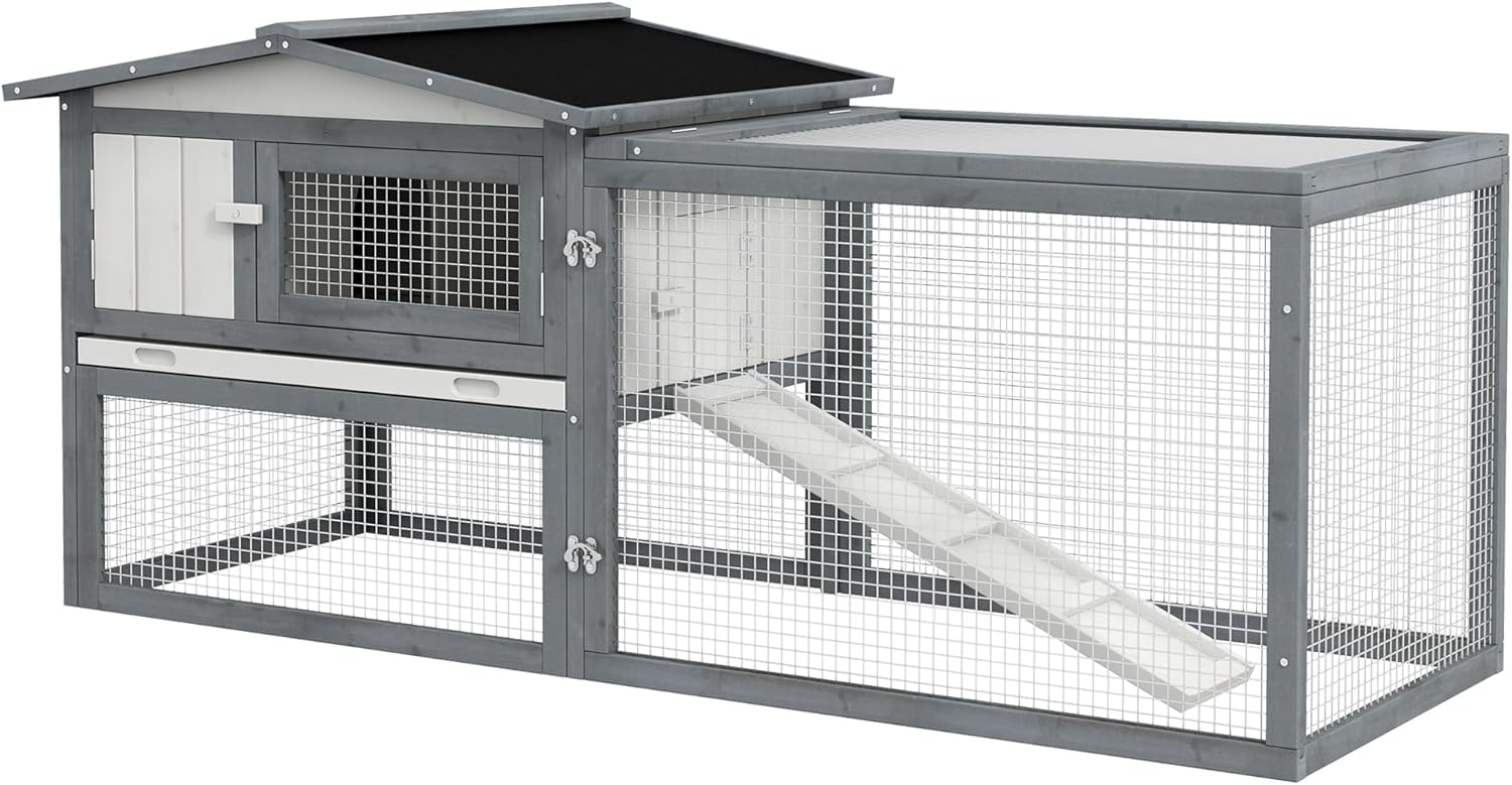 Large Rabbit Hutch Outdoor, 2-Tier 61" L Rabbit Cage with Run Feeding Trough Wooden Guinea Pig Hutch with Removable Tray, Ramp, Asphalt Roof, for 1-2 Rabbits, White