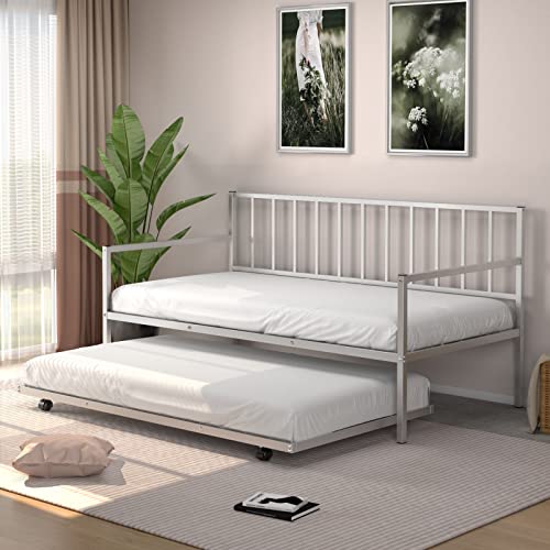 Giantex Twin Daybed with Trundle, Metal Twin Size Daybed with Pullout Trundle w/ 4 Casters, Metal Slat Support Sofa Bed for Kids Teens Adults Living Room, Guest Room, No Box Spring Needed, Silver
