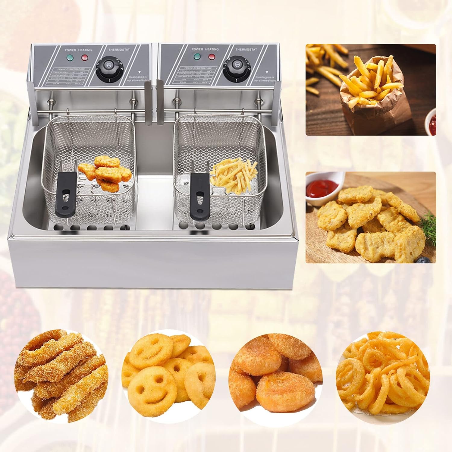 Professional Electric Deep Fryer with 2 Baskets, 5000W Countertop Kitchen Frying Machine, 12L Electric Dual Tank Deep Fryer with Lid, Oil Splash Prevention, for Commercial, Kitchen