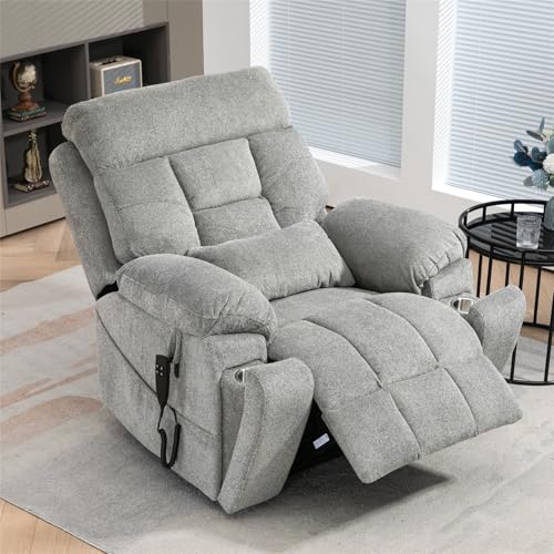 Light Grey Recliner Chair for Elderly | Tall and Big Man 400lbs | Chenille | Power Lift, Lay Flat, Stand Up, Wireless Charging Device, Extended Footrest, Massage Heat, Cup Holder, Lumbar Pillow