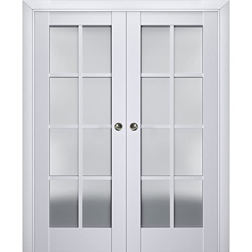 Sliding French Double Pocket Doors 36 x 80 inches | Veregio 7412 White Silk with Frosted Glass | Kit Trims Rail Hardware | Solid Wood Interior Bedroom Sturdy Doors