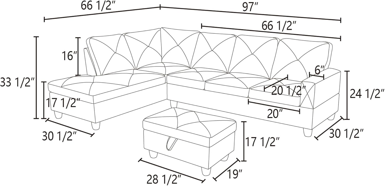 97" L-Shaped Corner Sofa with Left Chaise & Movable Storage Ottoman, 6 Seat Flannelette Fabric Sectional Couch, Wood Legs & Frame, Modern Modular Sofa&Couches for Living Room, Apartment