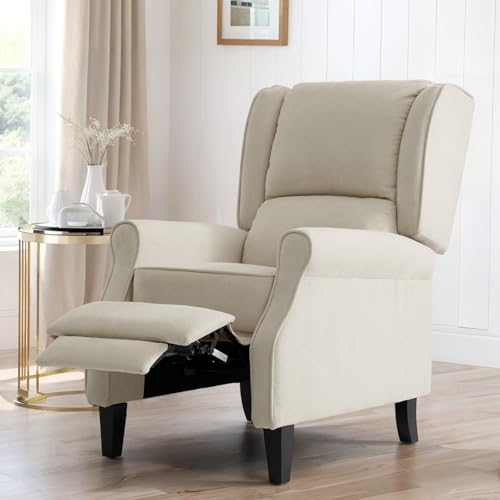 Vintage Wingback Recliner with Massage, Modern Linen Fabric Pushback Recliner for Living Room and Bedroom with Side Pockets, Wooden Legs(Beige)
