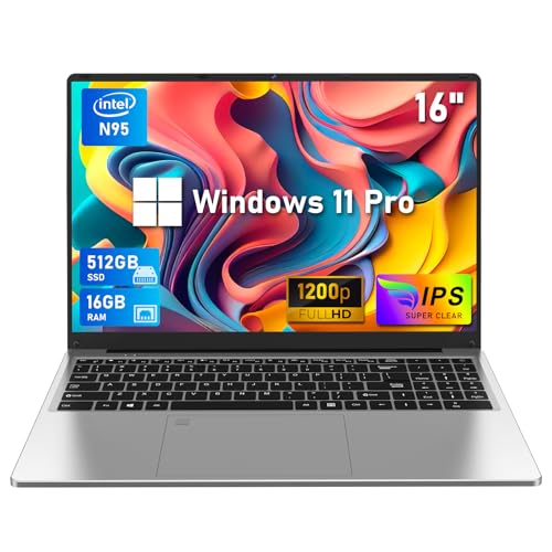 16 Inch Laptop Computer, Gaming Laptop, 16GB RAM 512GB SSD, N95 Processor, FHD 1920 * 1200, 180 Angle Open, Backlit Keyboard, Windows 11 Pro, Fingerprint Unlock, BT 4.2, WiFi 5