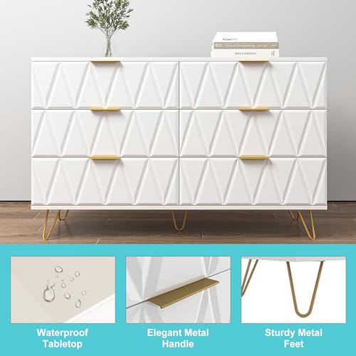 Vibe & Dine White 6 Drawer Dresser for Bedroom, Modern Double Dresser with Gold Handles and Legs, Wood Chest of Drawers with Wide Storage for Closet, Living Room, Hallway