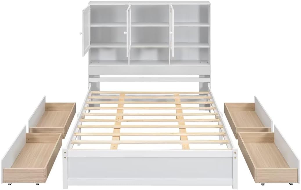 Modern Designs Queen Size Platform Bed with 4 Storage Drawers & Bookcase Headboard, Wooden Full Bed Frame with Charging Station for Kids Teens Adults, No Box Spring Needed, White