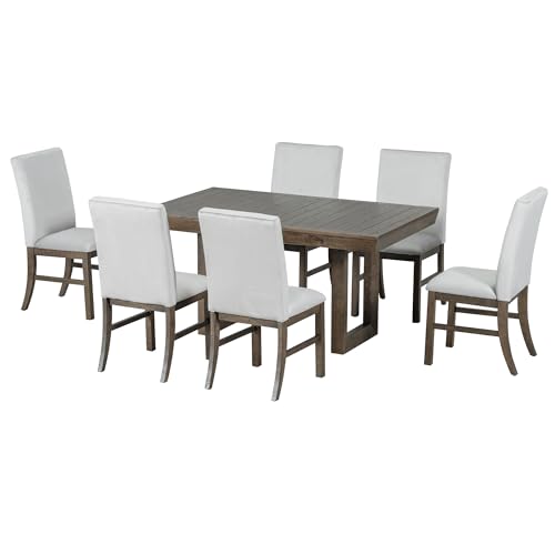 7-Piece Dining Table Set, Extendable Table with 12” Butterfly Leaf and 6 Upholstered Chairs, Wood Rectangular Dining Set, Mid-Century Kitchen Dining Table Set for 6 People (Brown)